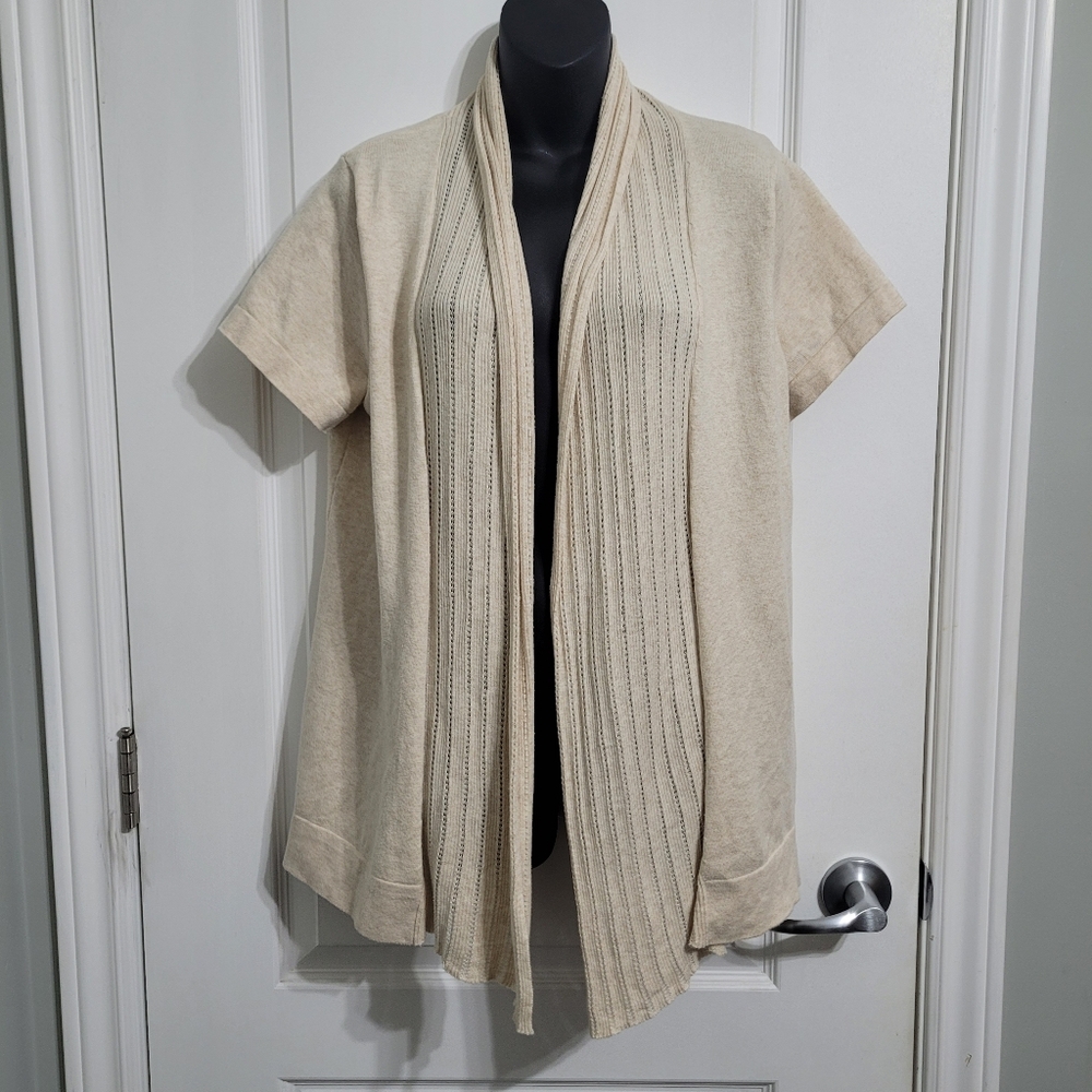 Women's Cream Open-Front Short Sleeve Cardigan Sweater